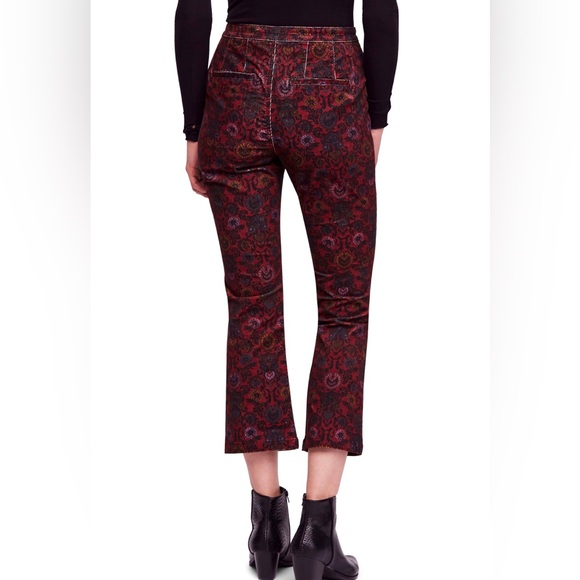 Free People Paisley Cropped Micro Corduroy Pants Wine Red Ribbed Floral Size 10 - Picture 4 of 11